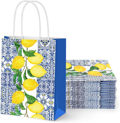 16 Pcs Lemon Paper Gift Bags Blue Floral Tiles Lemon Party Favor Bags with Handle Chinoiserie Fruit Goodie Candy Treat Bag for Summer Wedding Birthday