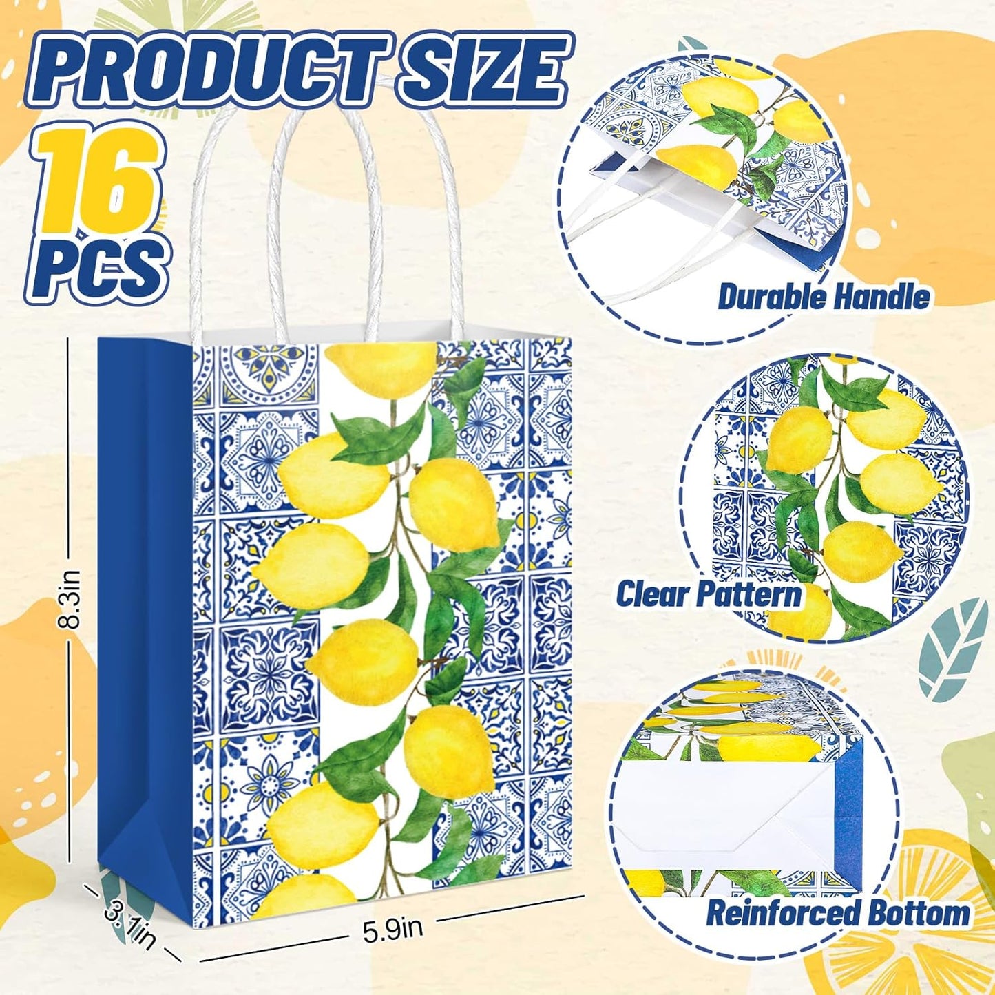 16 Pcs Lemon Paper Gift Bags Blue Floral Tiles Lemon Party Favor Bags with Handle Chinoiserie Fruit Goodie Candy Treat Bag for Summer Wedding Birthday