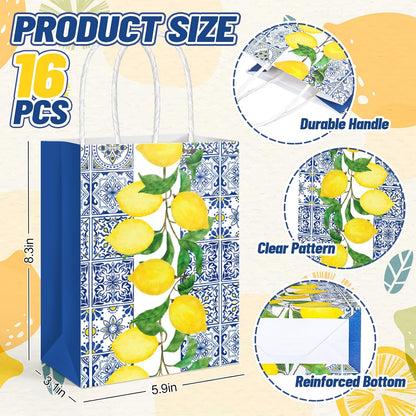 16 Pcs Lemon Paper Gift Bags Blue Floral Tiles Lemon Party Favor Bags with Handle Chinoiserie Fruit Goodie Candy Treat Bag for Summer Wedding Birthday