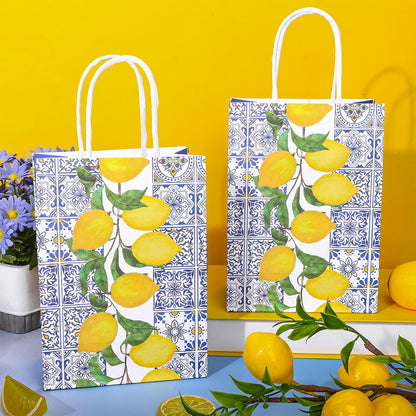 16 Pcs Lemon Paper Gift Bags Blue Floral Tiles Lemon Party Favor Bags with Handle Chinoiserie Fruit Goodie Candy Treat Bag for Summer Wedding Birthday