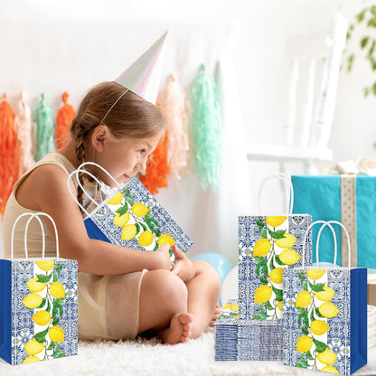 16 Pcs Lemon Paper Gift Bags Blue Floral Tiles Lemon Party Favor Bags with Handle Chinoiserie Fruit Goodie Candy Treat Bag for Summer Wedding Birthday