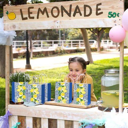 16 Pcs Lemon Paper Gift Bags Blue Floral Tiles Lemon Party Favor Bags with Handle Chinoiserie Fruit Goodie Candy Treat Bag for Summer Wedding Birthday