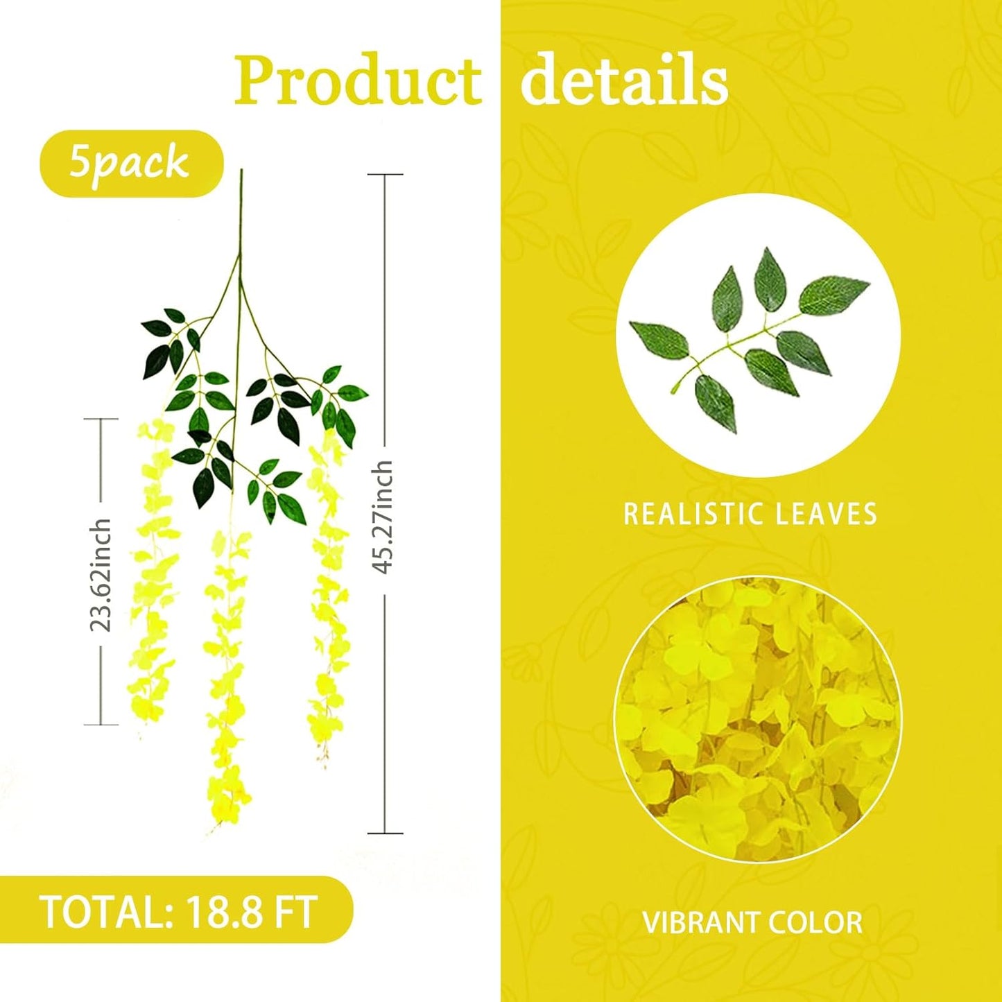 5 Pack Yellow Wisteria Hanging Flowers Garland, 3.44 Feet Artificial Flower Vines, Fake Wisteria, Artificial Vines Hanging Garland for Backdrop Outdoor Yard Garden Decor