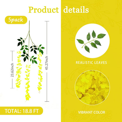 5 Pack Yellow Wisteria Hanging Flowers Garland, 3.44 Feet Artificial Flower Vines, Fake Wisteria, Artificial Vines Hanging Garland for Backdrop Outdoor Yard Garden Decor