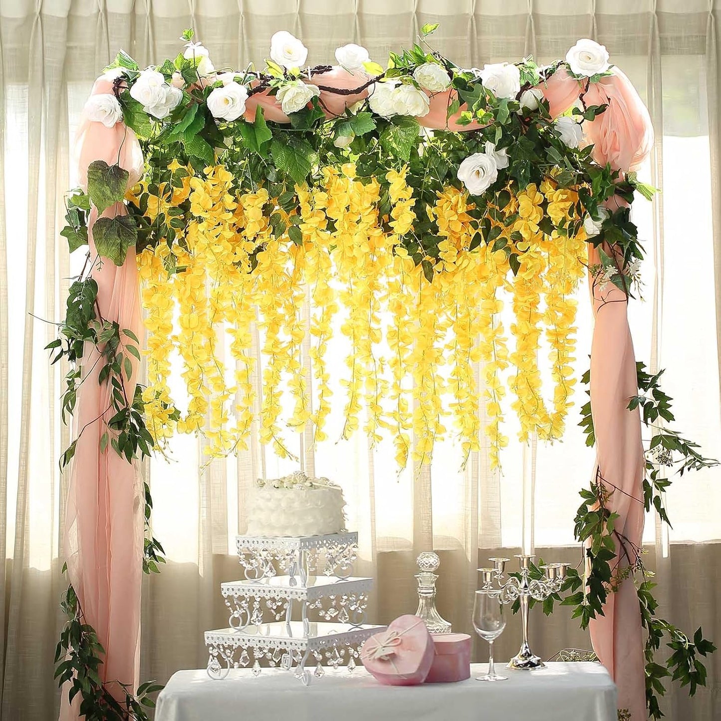 5 Pack Yellow Wisteria Hanging Flowers Garland, 3.44 Feet Artificial Flower Vines, Fake Wisteria, Artificial Vines Hanging Garland for Backdrop Outdoor Yard Garden Decor
