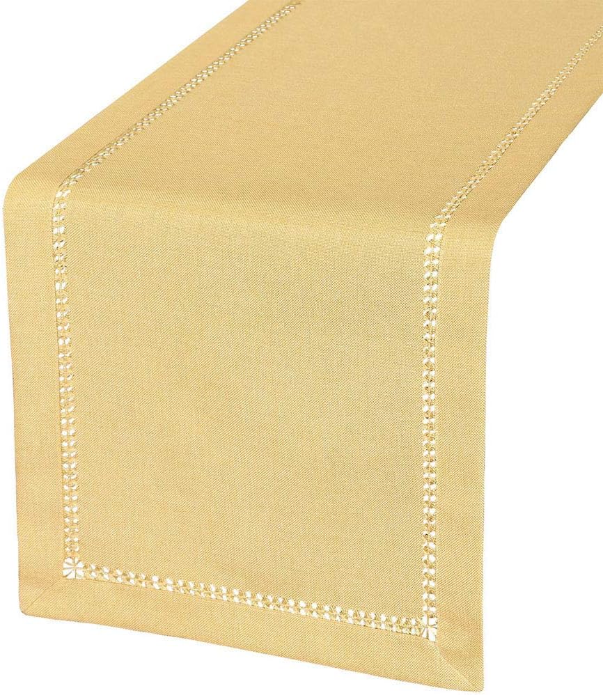Handcrafted Solid Color Dining Table Runner, Dresser Scarf, Double-Hemstitched (Yellow, 14 x 54)