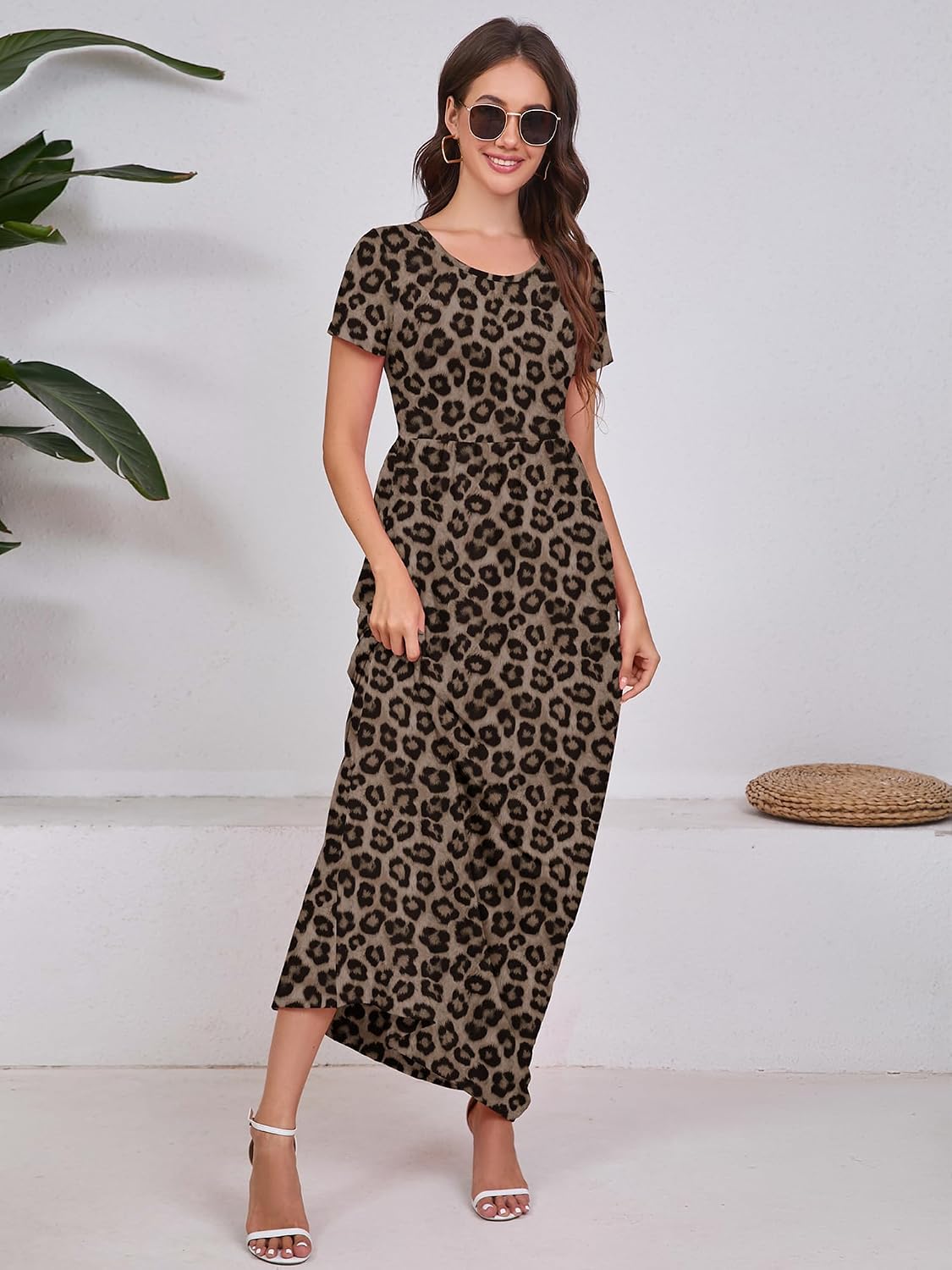 Maxi Dress for Women Short Sleeve Casual Summer Loose Plain Comfy Long Dresses with Pockets