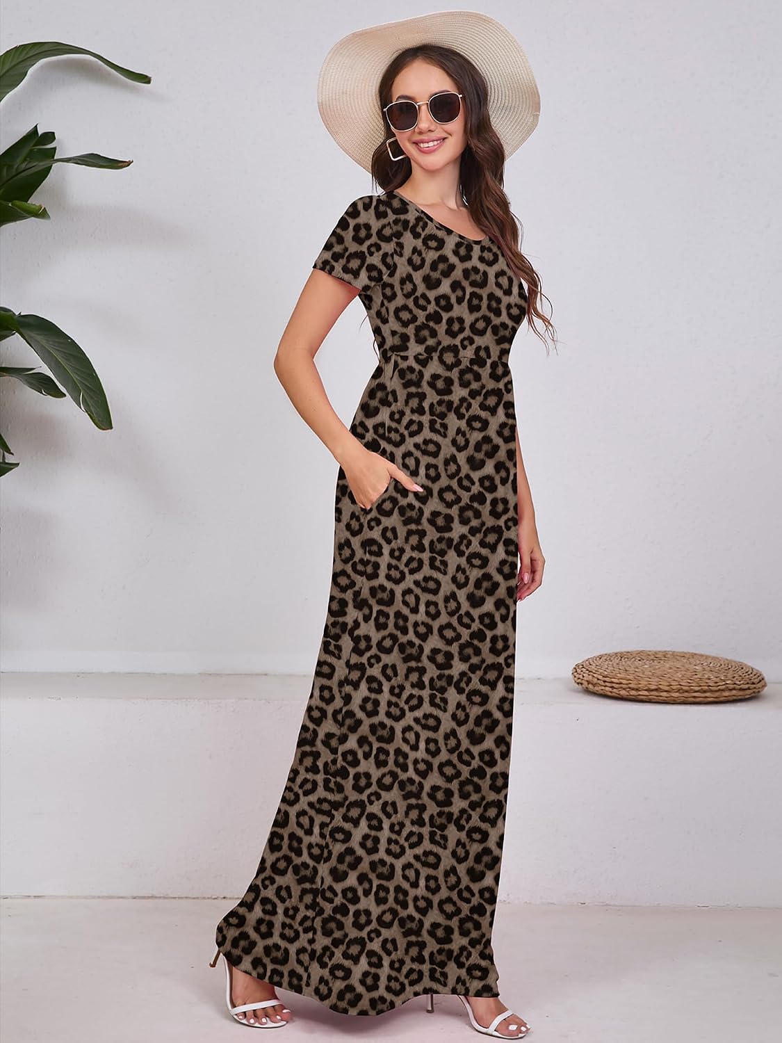 Maxi Dress for Women Short Sleeve Casual Summer Loose Plain Comfy Long Dresses with Pockets