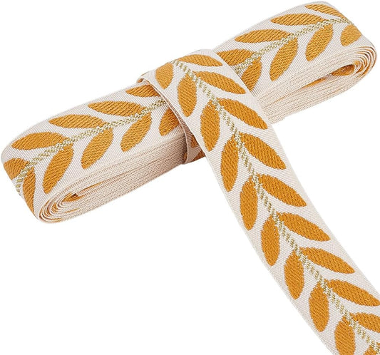 Embroidered Yellow Ribbon White Polyester Jacquard Ribbons Trim Tape Embroidery Leaf Pattern Ethnic Woven Fabric Trimmings Bulk for Sewing Making Crafts Clothes Dresses Accessories Supply