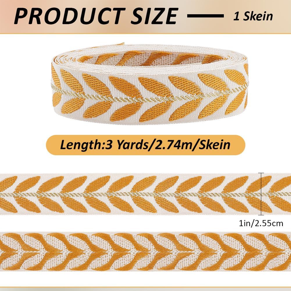Embroidered Yellow Ribbon White Polyester Jacquard Ribbons Trim Tape Embroidery Leaf Pattern Ethnic Woven Fabric Trimmings Bulk for Sewing Making Crafts Clothes Dresses Accessories Supply