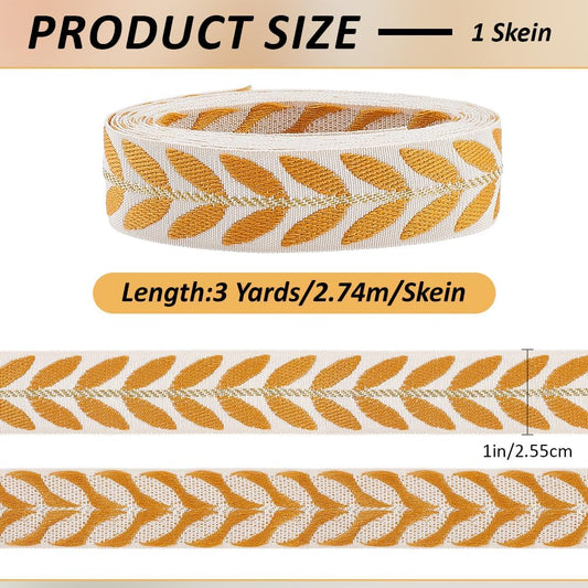 Embroidered Yellow Ribbon White Polyester Jacquard Ribbons Trim Tape Embroidery Leaf Pattern Ethnic Woven Fabric Trimmings Bulk for Sewing Making Crafts Clothes Dresses Accessories Supply