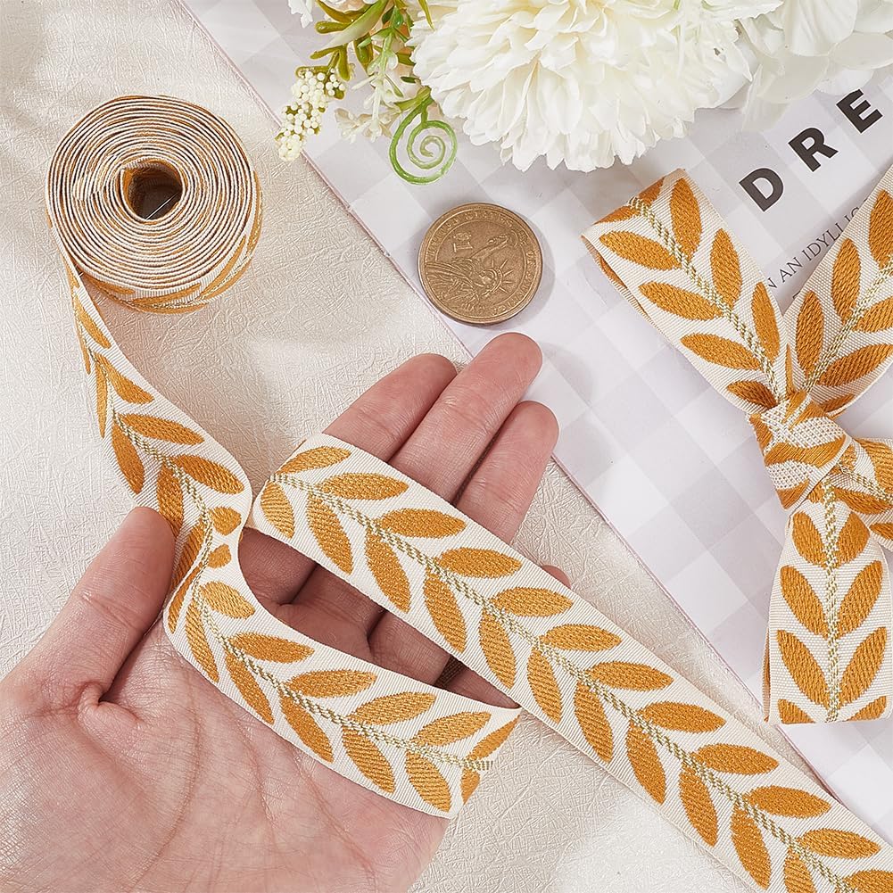 Embroidered Yellow Ribbon White Polyester Jacquard Ribbons Trim Tape Embroidery Leaf Pattern Ethnic Woven Fabric Trimmings Bulk for Sewing Making Crafts Clothes Dresses Accessories Supply