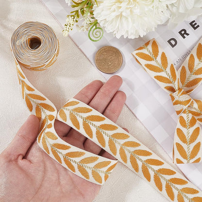 Embroidered Yellow Ribbon White Polyester Jacquard Ribbons Trim Tape Embroidery Leaf Pattern Ethnic Woven Fabric Trimmings Bulk for Sewing Making Crafts Clothes Dresses Accessories Supply