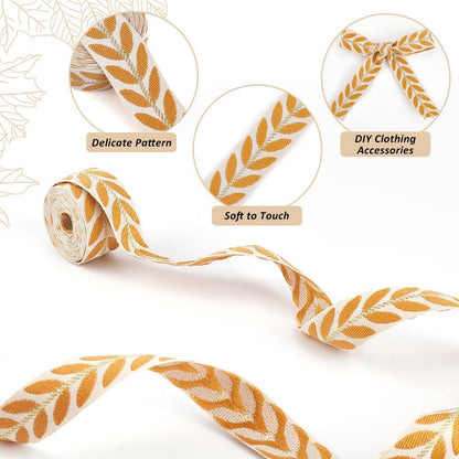 Embroidered Yellow Ribbon White Polyester Jacquard Ribbons Trim Tape Embroidery Leaf Pattern Ethnic Woven Fabric Trimmings Bulk for Sewing Making Crafts Clothes Dresses Accessories Supply