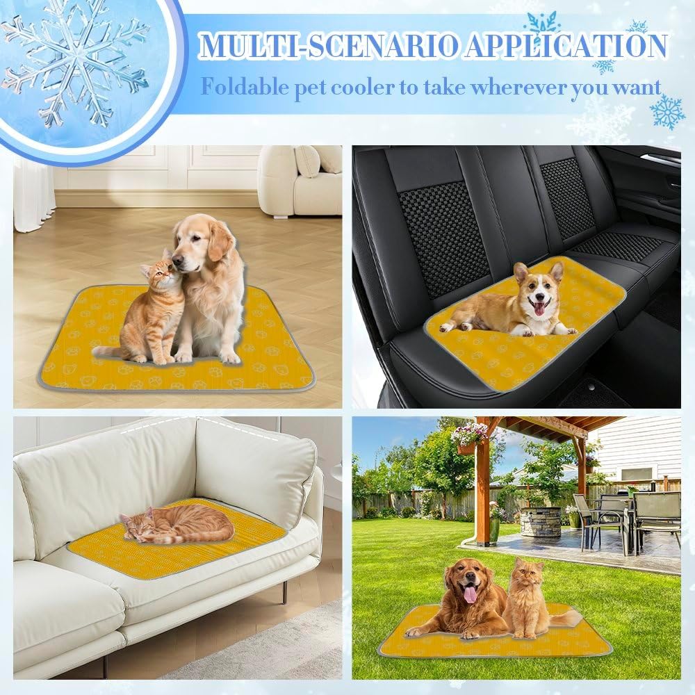 Pet Cooling Mat for Cats Ice Silk Cooling Mat for Large Dogs Bright Yellow Paw Dog Bed Crate Washable Pet Pad 28" X22" Mats Large Dogs Blanket Crate, Bed, Indoor& Outdoor Floor, Car Seats