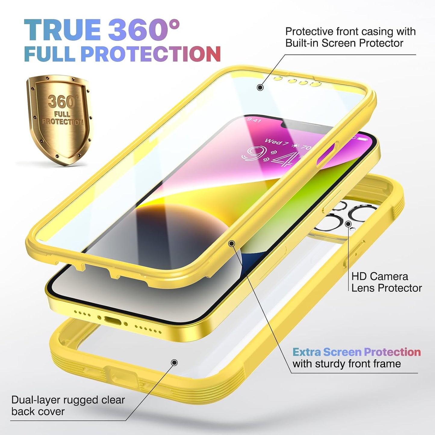 Designed for iPhone 14 Plus Case, Full Body Rugged Case with Built-in Touch Sensitive Anti-Scratch Screen Protector, with Camera Lens Protector for iPhone 14 Plus 6.7" (Lemon Yellow)