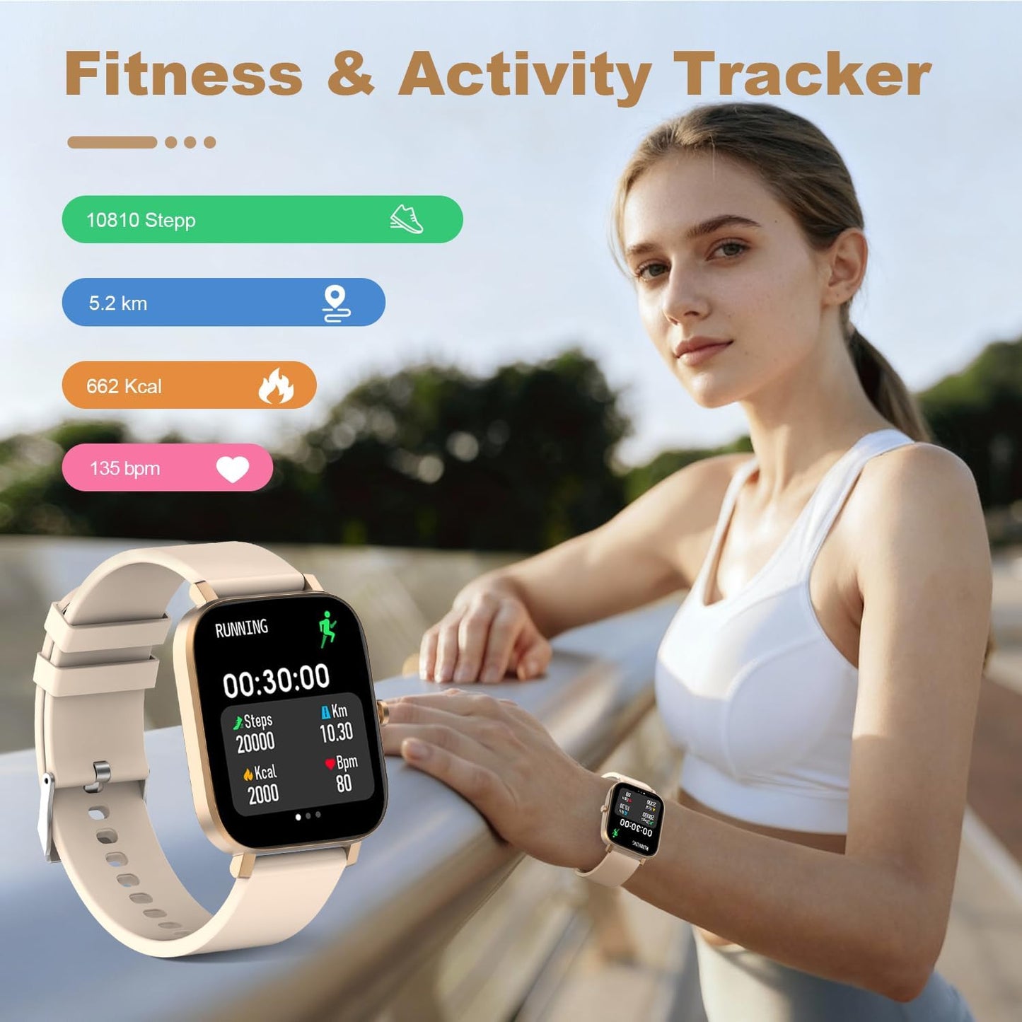 Smart Watch for Men Women Compatible with iPhone Samsung Android Phone 1.69 inch Full Touch Screen IP68 Waterproof Bluetooh Fitness Tracker Heart Rate/Sleep Monitor (Gold)