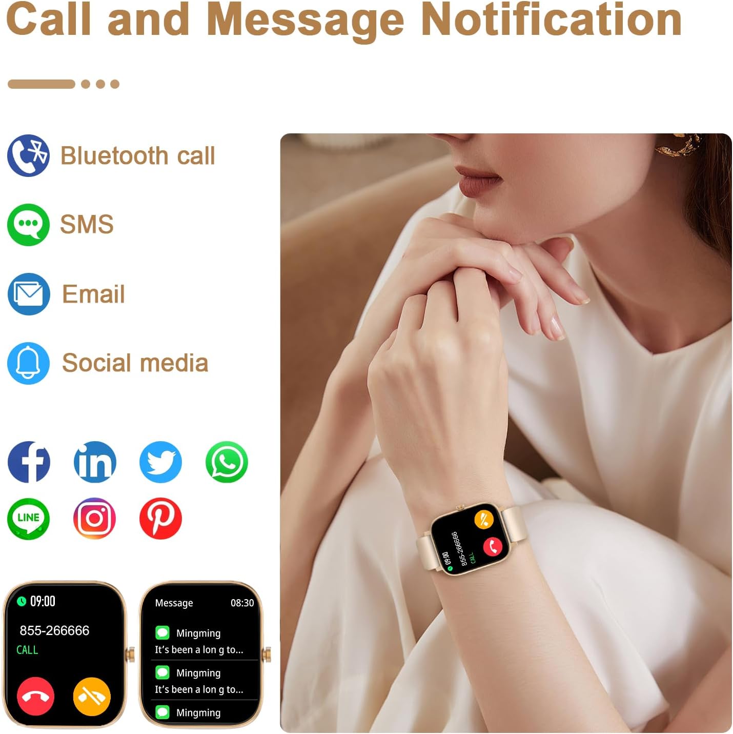 Smart Watch for Men Women Compatible with iPhone Samsung Android Phone 1.69 inch Full Touch Screen IP68 Waterproof Bluetooh Fitness Tracker Heart Rate/Sleep Monitor (Gold)