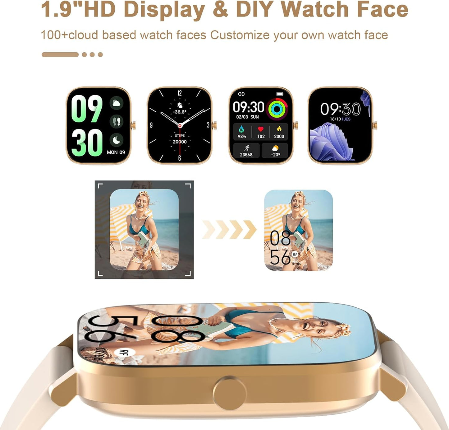 Smart Watch for Men Women Compatible with iPhone Samsung Android Phone 1.69 inch Full Touch Screen IP68 Waterproof Bluetooh Fitness Tracker Heart Rate/Sleep Monitor (Gold)