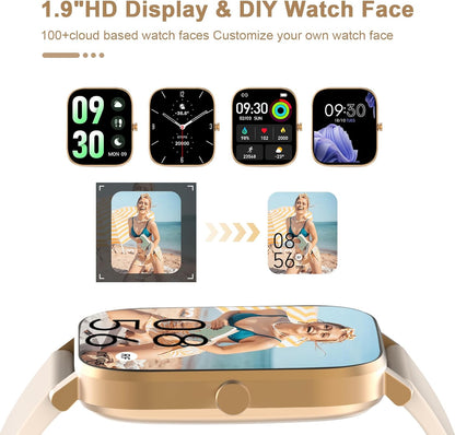 Smart Watch for Men Women Compatible with iPhone Samsung Android Phone 1.69 inch Full Touch Screen IP68 Waterproof Bluetooh Fitness Tracker Heart Rate/Sleep Monitor (Gold)