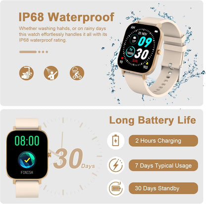 Smart Watch for Men Women Compatible with iPhone Samsung Android Phone 1.69 inch Full Touch Screen IP68 Waterproof Bluetooh Fitness Tracker Heart Rate/Sleep Monitor (Gold)