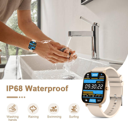 Smart Watch for Men Women Compatible with iPhone Samsung Android Phone 1.69 inch Full Touch Screen IP68 Waterproof Bluetooh Fitness Tracker Heart Rate/Sleep Monitor (Gold)
