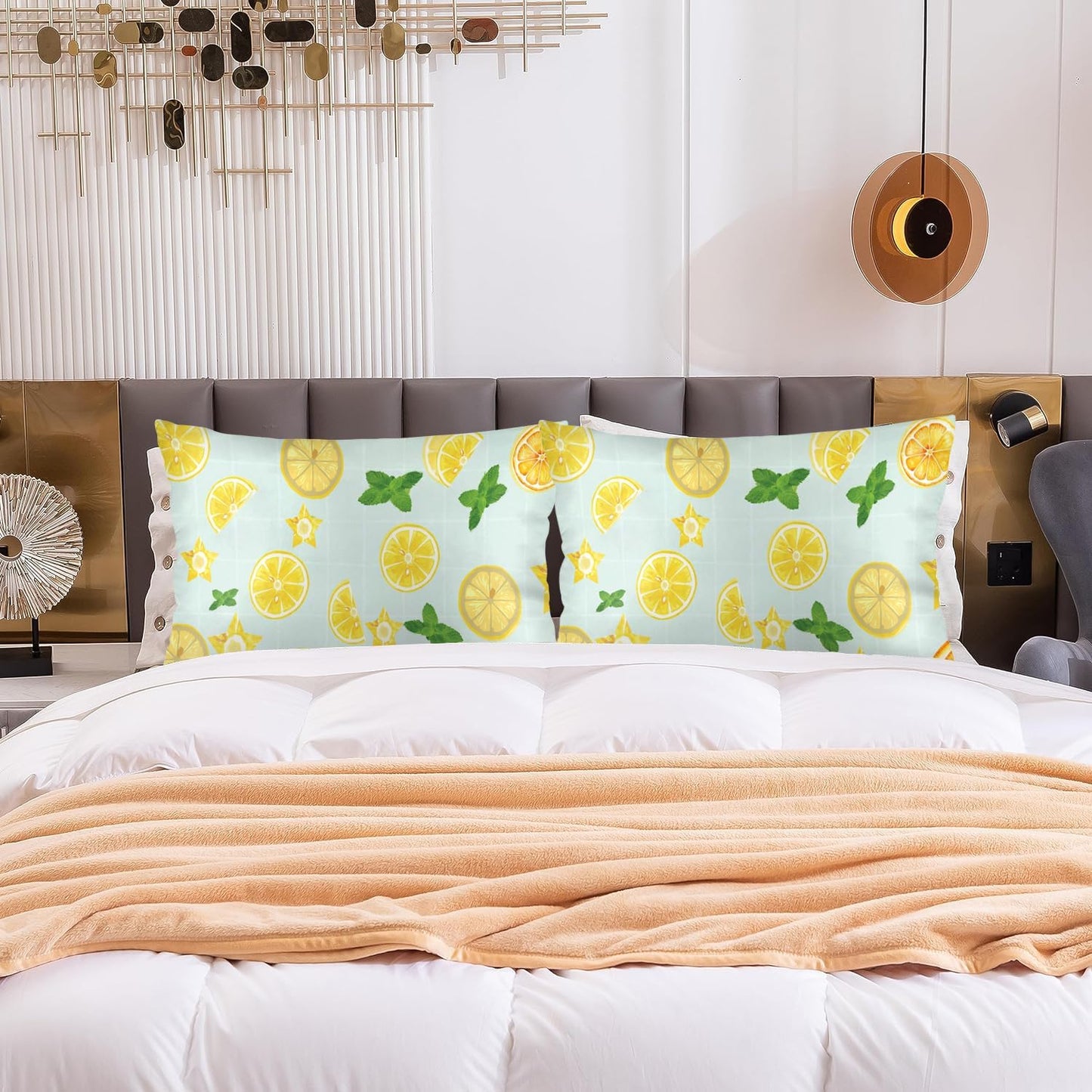 Summer Lemon Pillow Cases Yellow Lemon Slice Green Leaves Pillowcases Summer Decorative Standard Size 20x26 Inch Throw Pillow Covers for Bed Bedroom Sleeping