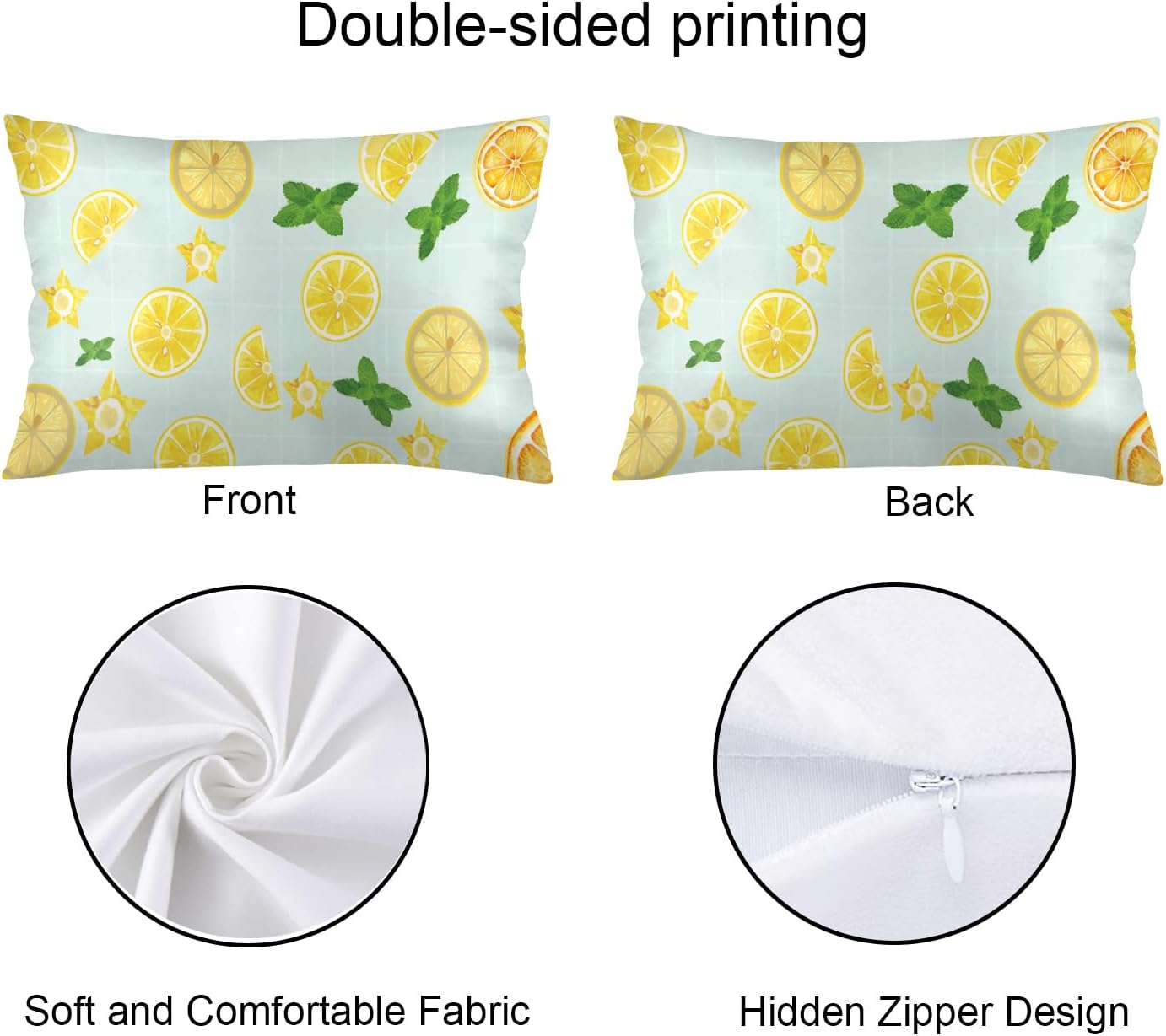 Summer Lemon Pillow Cases Yellow Lemon Slice Green Leaves Pillowcases Summer Decorative Standard Size 20x26 Inch Throw Pillow Covers for Bed Bedroom Sleeping