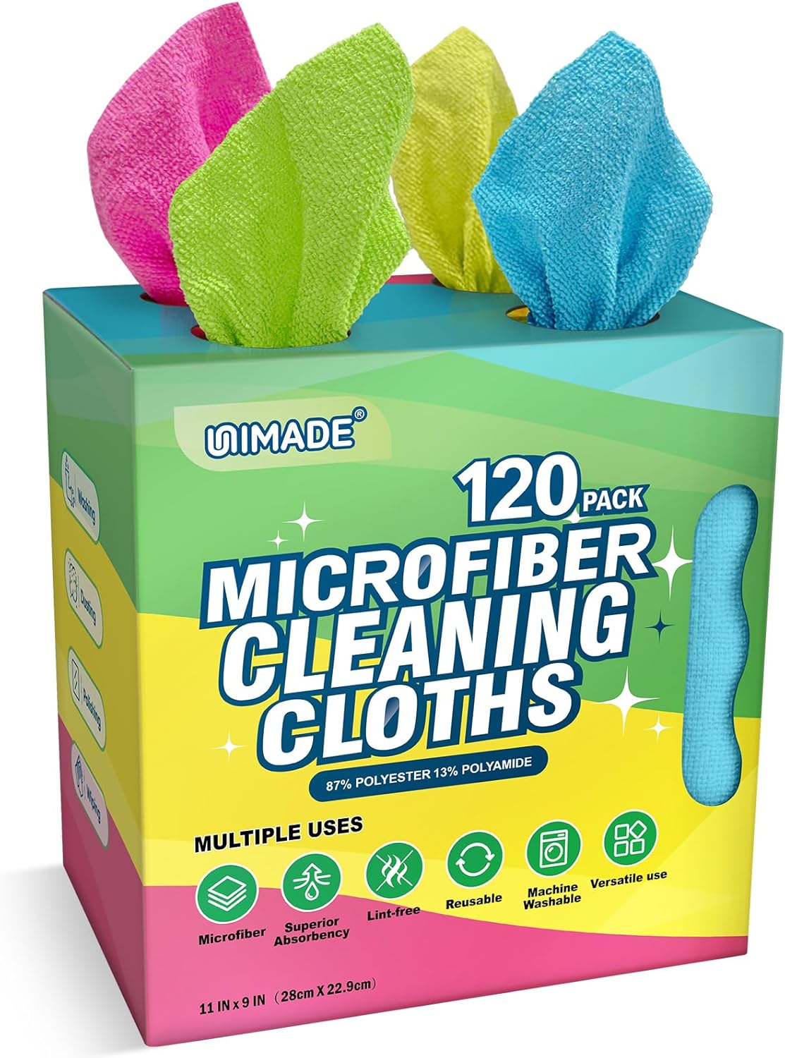 Microfiber Cleaning Cloth, 120 Pack Reusable Paper Towels Microfiber Towels for Cars Lint Free Shop Rags for Home Kitchen Automotive, 11"x 9", Pink & Yellow & Green & Blue