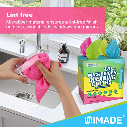 Microfiber Cleaning Cloth, 120 Pack Reusable Paper Towels Microfiber Towels for Cars Lint Free Shop Rags for Home Kitchen Automotive, 11"x 9", Pink & Yellow & Green & Blue