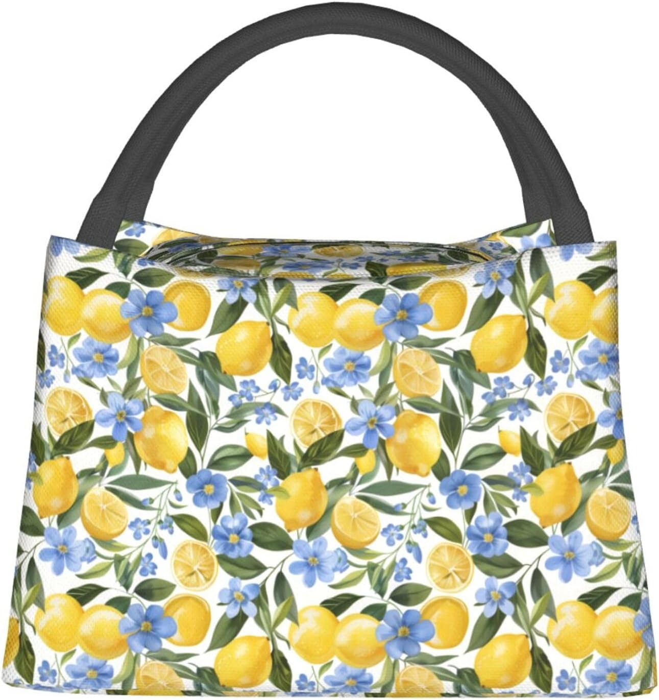 Fresh Lemon and Blue Flowers Lunch Box for Women Girls Adults Insulated Citrus Fruit Lunch Botanical Bag for Work Picnic Camping Travel Gifts Large Capacity Cooler Thermal Reusable Tote Makeup Bags