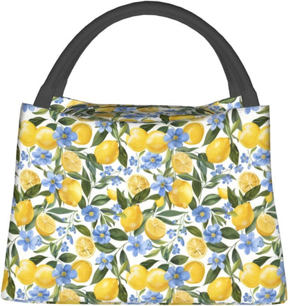 Fresh Lemon and Blue Flowers Lunch Box for Women Girls Adults Insulated Citrus Fruit Lunch Botanical Bag for Work Picnic Camping Travel Gifts Large Capacity Cooler Thermal Reusable Tote Makeup Bags