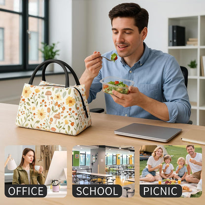 Fresh Lemon and Blue Flowers Lunch Box for Women Girls Adults Insulated Citrus Fruit Lunch Botanical Bag for Work Picnic Camping Travel Gifts Large Capacity Cooler Thermal Reusable Tote Makeup Bags