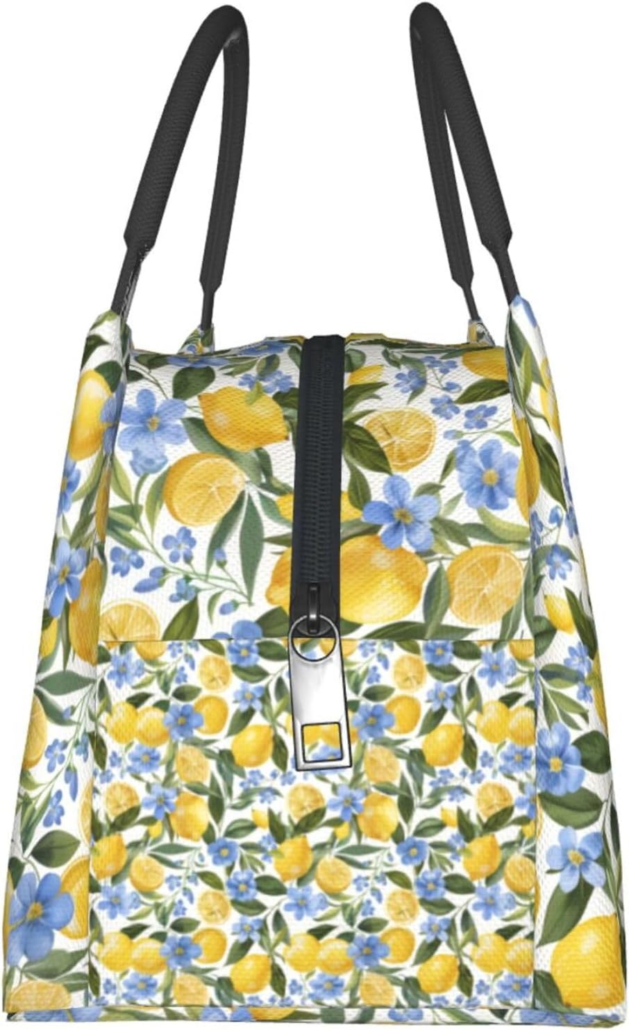 Fresh Lemon and Blue Flowers Lunch Box for Women Girls Adults Insulated Citrus Fruit Lunch Botanical Bag for Work Picnic Camping Travel Gifts Large Capacity Cooler Thermal Reusable Tote Makeup Bags