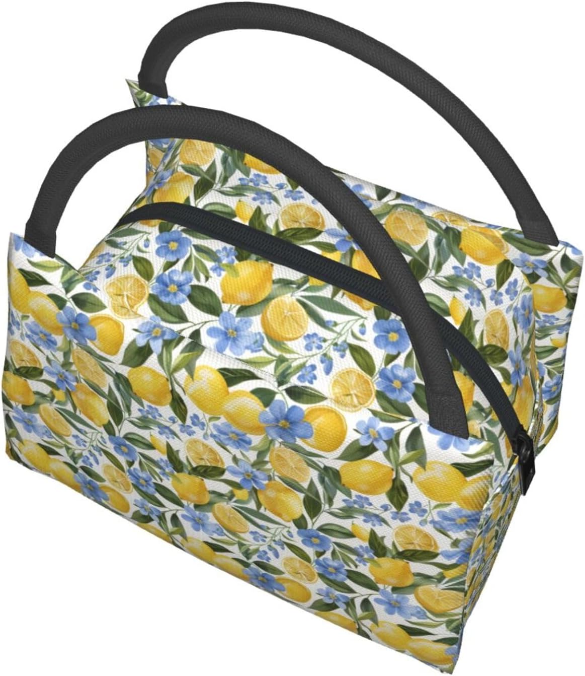 Fresh Lemon and Blue Flowers Lunch Box for Women Girls Adults Insulated Citrus Fruit Lunch Botanical Bag for Work Picnic Camping Travel Gifts Large Capacity Cooler Thermal Reusable Tote Makeup Bags