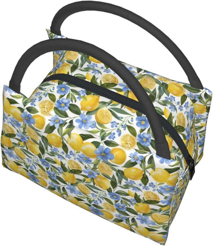 Fresh Lemon and Blue Flowers Lunch Box for Women Girls Adults Insulated Citrus Fruit Lunch Botanical Bag for Work Picnic Camping Travel Gifts Large Capacity Cooler Thermal Reusable Tote Makeup Bags