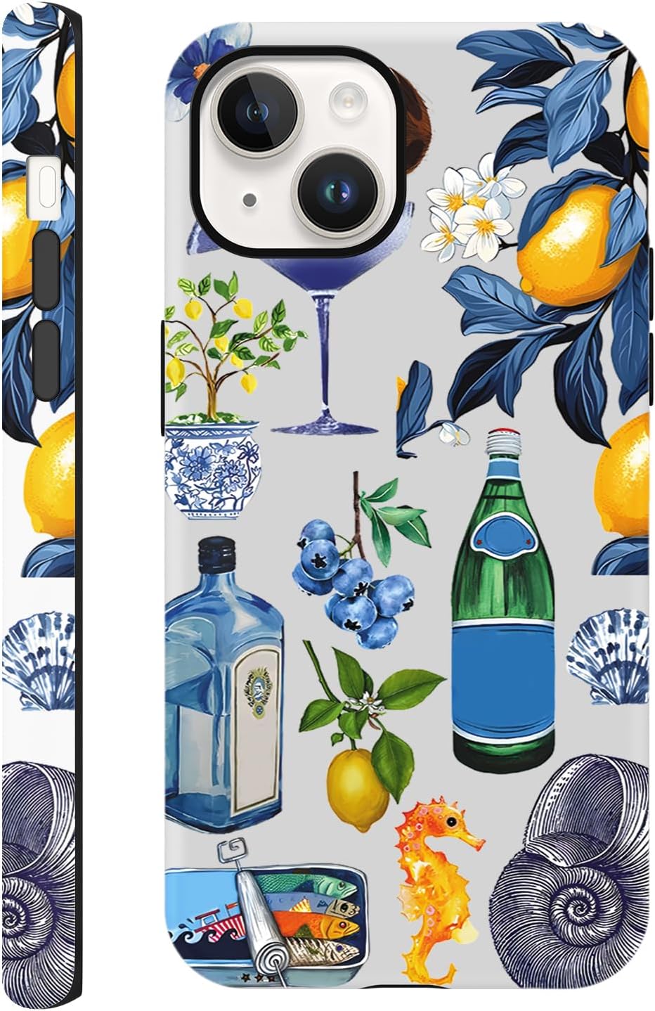 Summer Collage Phone Case for iPhone 13 / iPhone 14, Cute Aesthetic Coastal Beach Seashell Lemon Fruit Design, Coquette Slim Shockproof Hard Shell Beach Protective Cover Funda for Women Girl