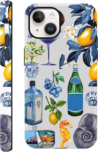 Summer Collage Phone Case for iPhone 13 / iPhone 14, Cute Aesthetic Coastal Beach Seashell Lemon Fruit Design, Coquette Slim Shockproof Hard Shell Beach Protective Cover Funda for Women Girl