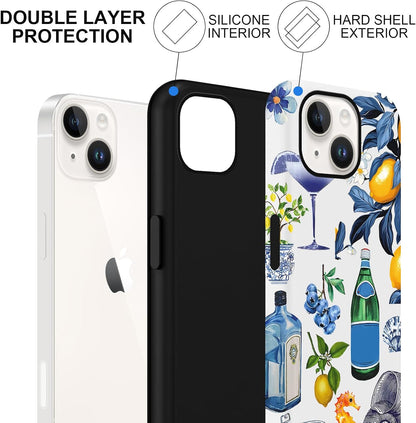 Summer Collage Phone Case for iPhone 13 / iPhone 14, Cute Aesthetic Coastal Beach Seashell Lemon Fruit Design, Coquette Slim Shockproof Hard Shell Beach Protective Cover Funda for Women Girl