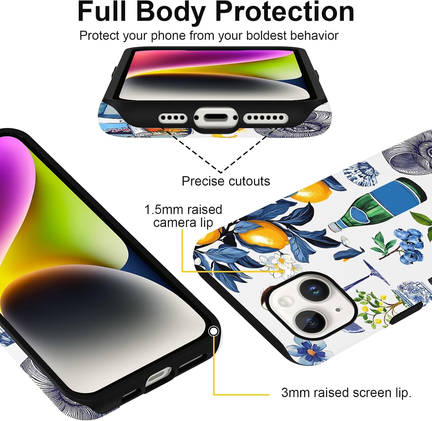 Summer Collage Phone Case for iPhone 13 / iPhone 14, Cute Aesthetic Coastal Beach Seashell Lemon Fruit Design, Coquette Slim Shockproof Hard Shell Beach Protective Cover Funda for Women Girl