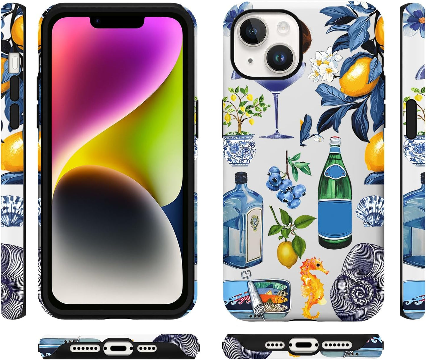 Summer Collage Phone Case for iPhone 13 / iPhone 14, Cute Aesthetic Coastal Beach Seashell Lemon Fruit Design, Coquette Slim Shockproof Hard Shell Beach Protective Cover Funda for Women Girl