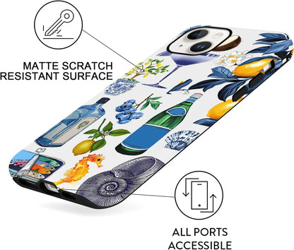 Summer Collage Phone Case for iPhone 13 / iPhone 14, Cute Aesthetic Coastal Beach Seashell Lemon Fruit Design, Coquette Slim Shockproof Hard Shell Beach Protective Cover Funda for Women Girl