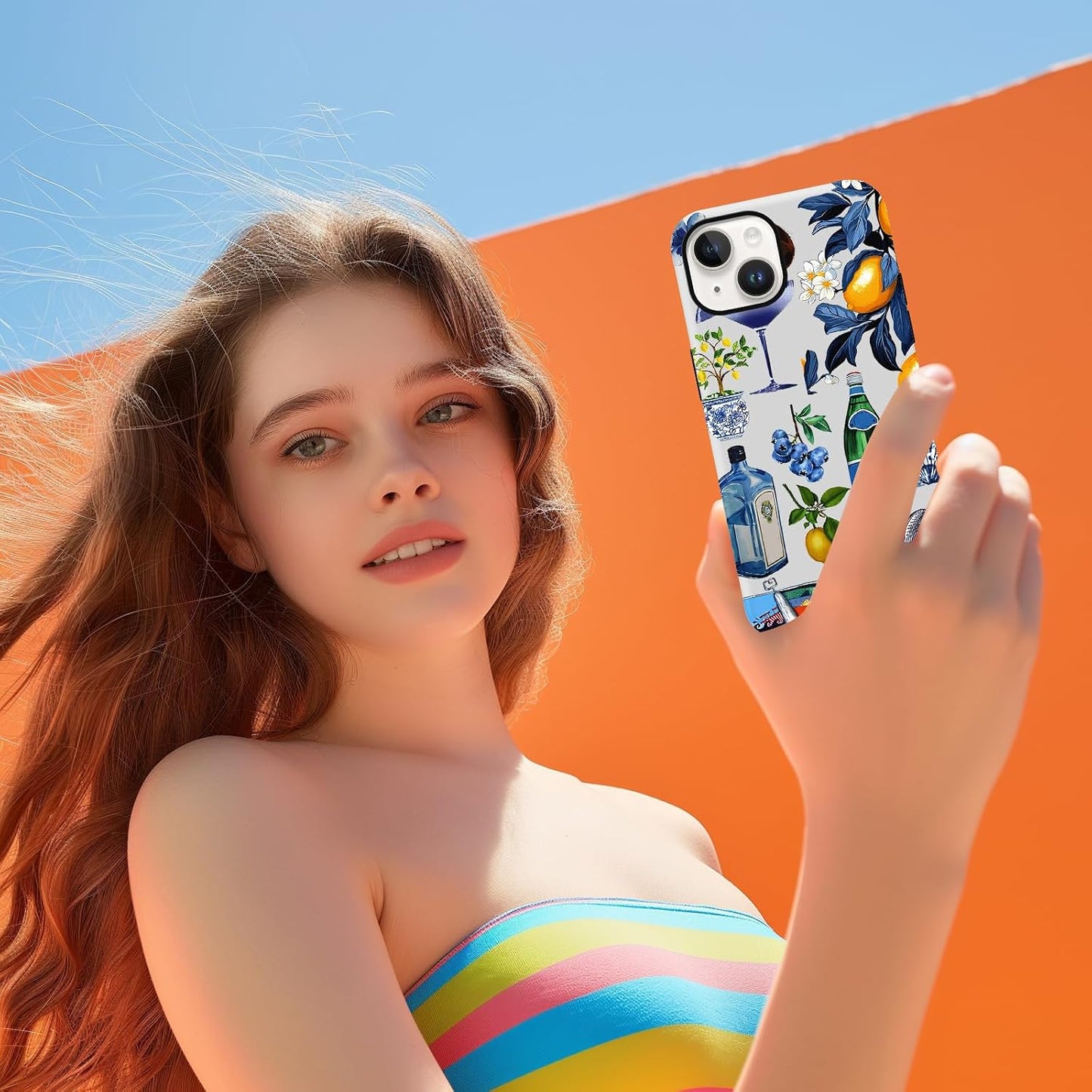 Summer Collage Phone Case for iPhone 13 / iPhone 14, Cute Aesthetic Coastal Beach Seashell Lemon Fruit Design, Coquette Slim Shockproof Hard Shell Beach Protective Cover Funda for Women Girl