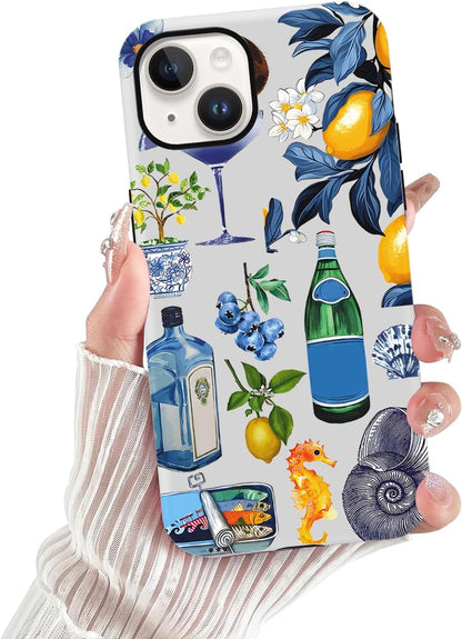 Summer Collage Phone Case for iPhone 13 / iPhone 14, Cute Aesthetic Coastal Beach Seashell Lemon Fruit Design, Coquette Slim Shockproof Hard Shell Beach Protective Cover Funda for Women Girl