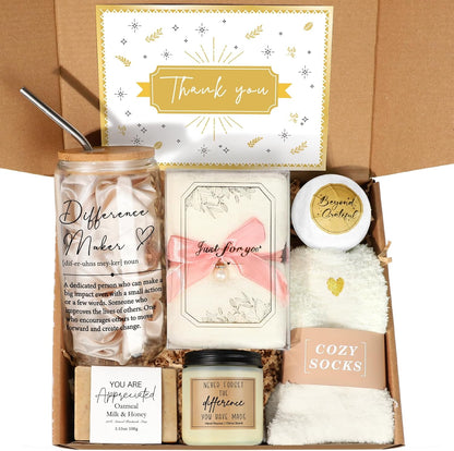 Thank You Gifts for Women, 10PCS Employee Appreciation Gifts for Women Coworkers Teacher Nurse Secretary Boss Friend, Thank You Box with Glass Cup Notebook Cards, Yellow