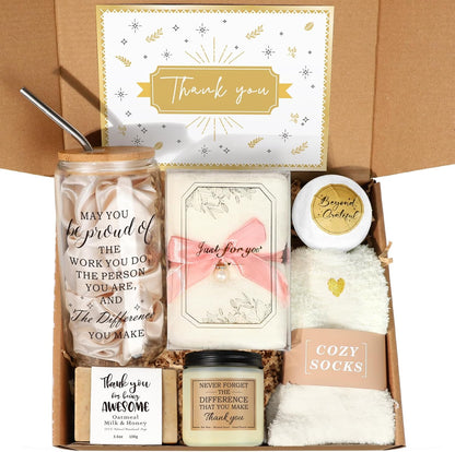 Thank You Gifts for Women, 10PCS Employee Appreciation Gifts for Women Coworkers Teacher Nurse Secretary Boss Friend, Thank You Box with Glass Cup Notebook Cards, Yellow