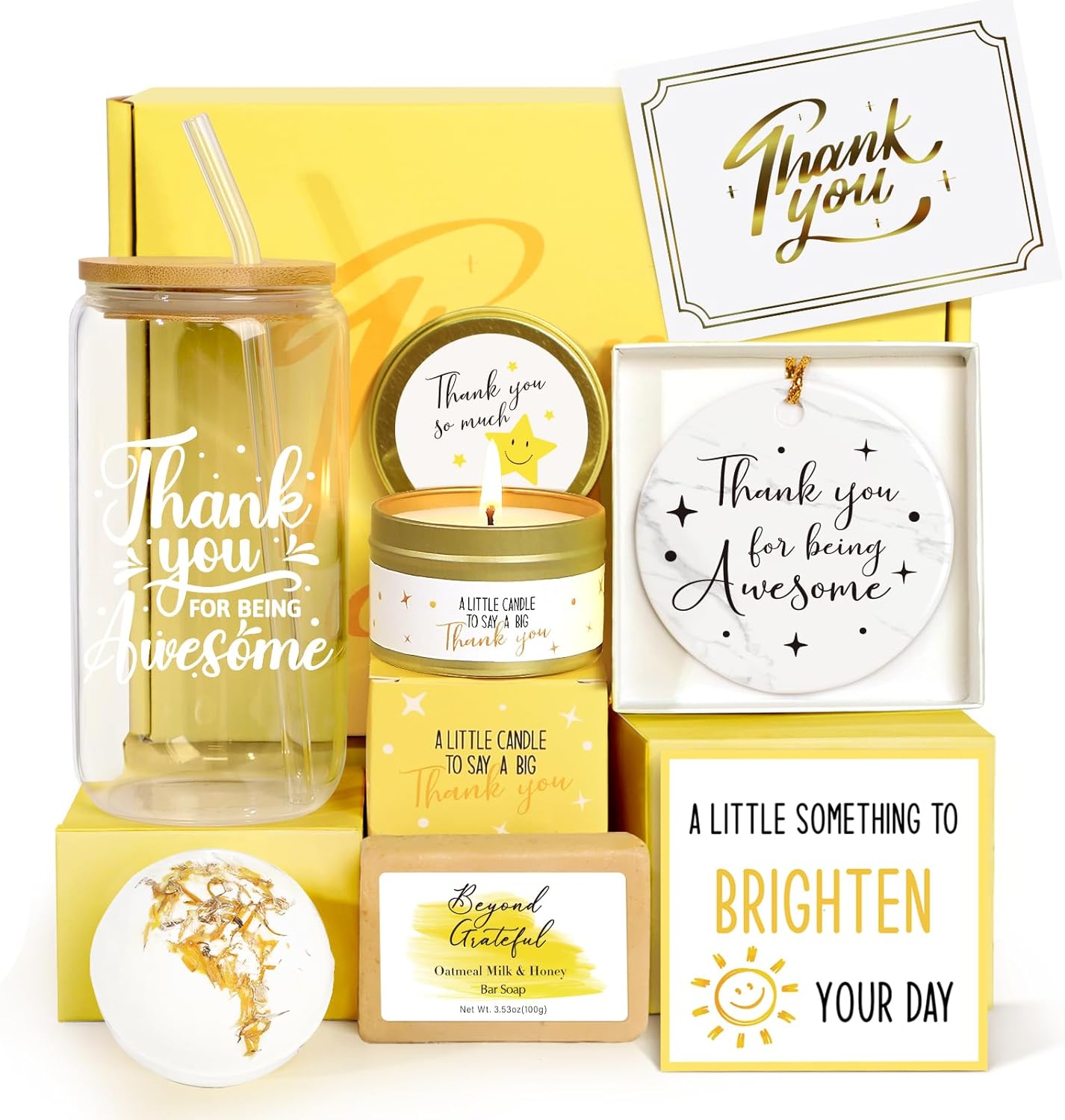 Thank You Gifts for Women, 10PCS Employee Appreciation Gifts for Women Coworkers Teacher Nurse Secretary Boss Friend, Thank You Box with Glass Cup Notebook Cards, Yellow