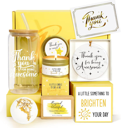 Thank You Gifts for Women, 10PCS Employee Appreciation Gifts for Women Coworkers Teacher Nurse Secretary Boss Friend, Thank You Box with Glass Cup Notebook Cards, Yellow