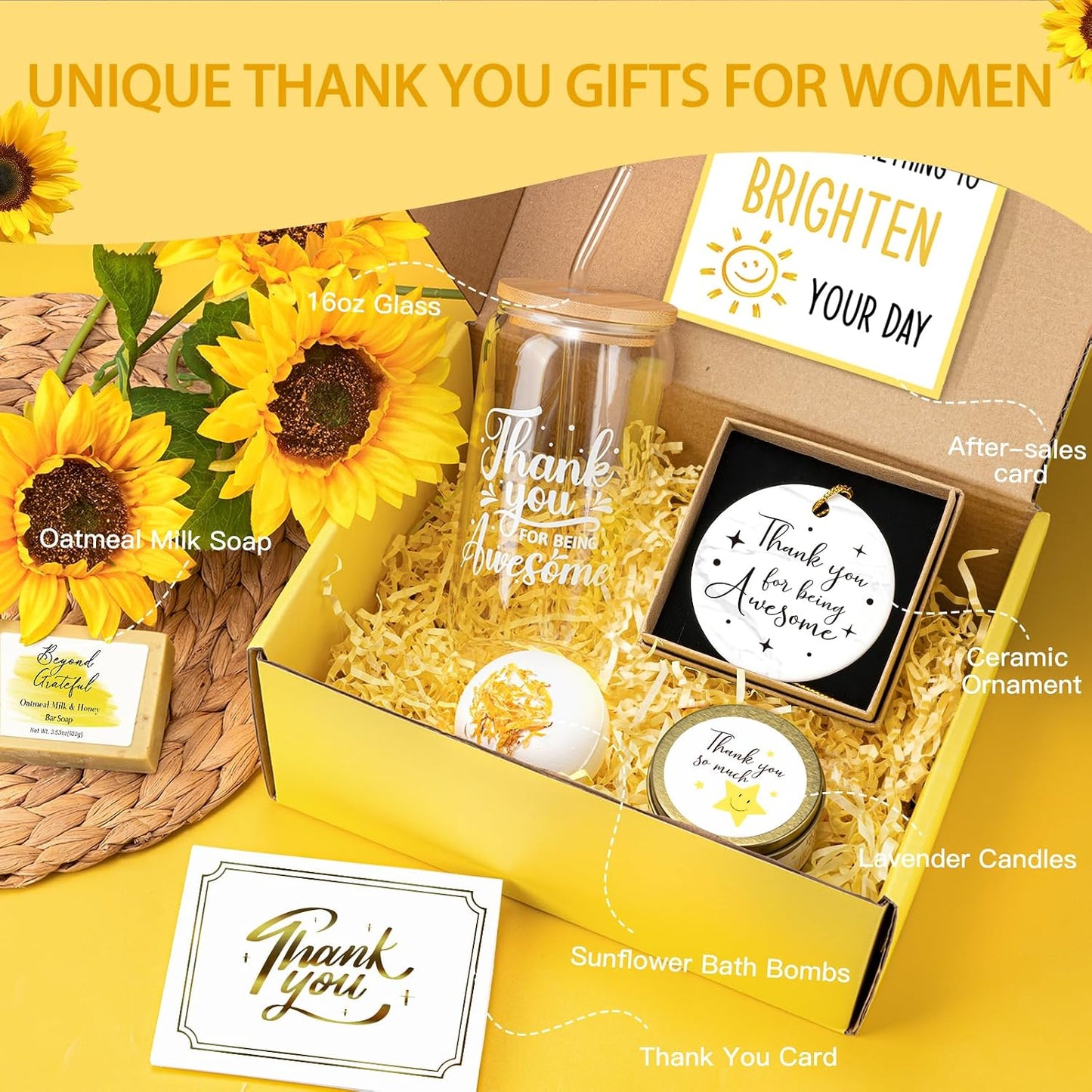 Thank You Gifts for Women, 10PCS Employee Appreciation Gifts for Women Coworkers Teacher Nurse Secretary Boss Friend, Thank You Box with Glass Cup Notebook Cards, Yellow