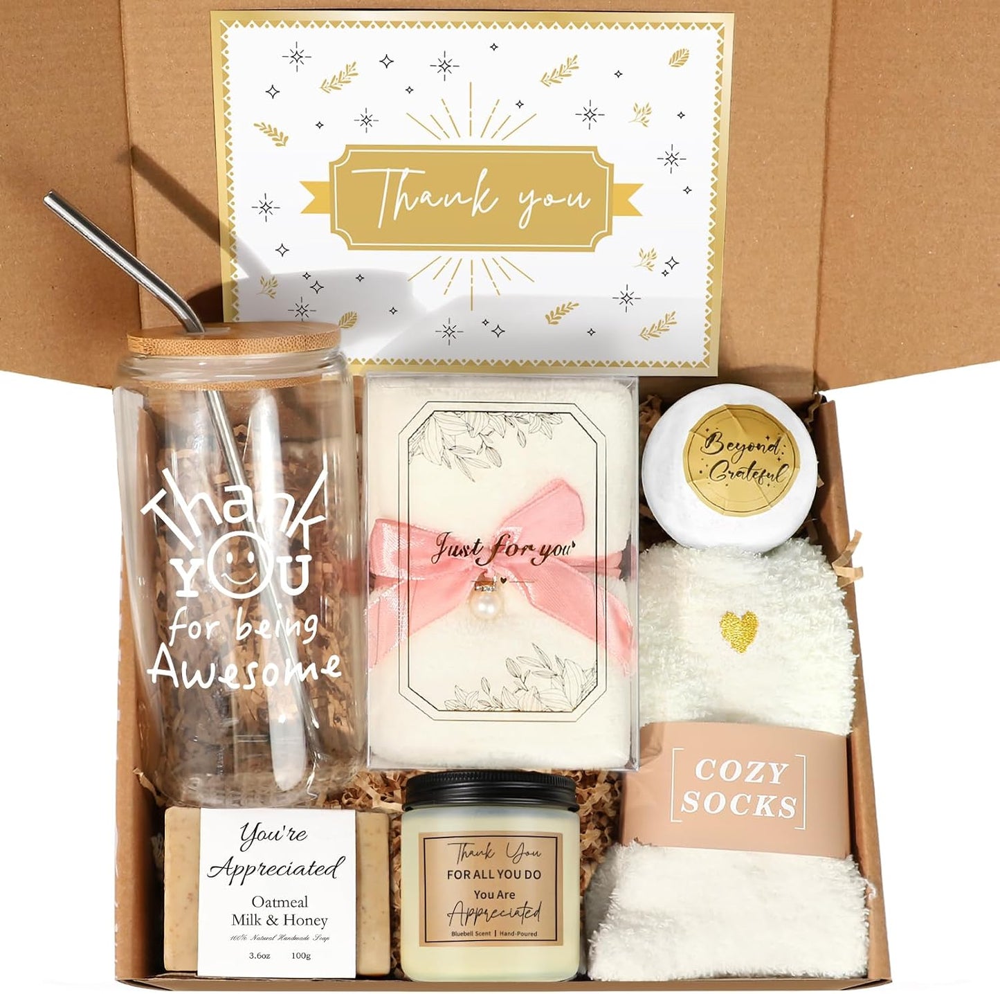 Thank You Gifts for Women, 10PCS Employee Appreciation Gifts for Women Coworkers Teacher Nurse Secretary Boss Friend, Thank You Box with Glass Cup Notebook Cards, Yellow